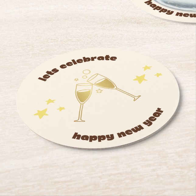 Cheers champagne glasses New Years message Round Paper Coaster (Angled)