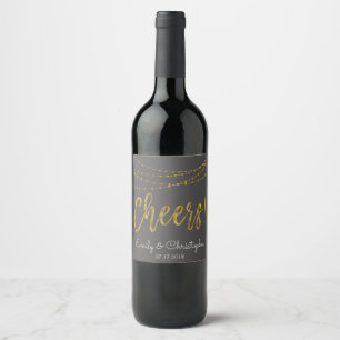 Cheers Charcoal Grey and Gold Foil String Lights Wine Label