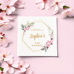 Cheers Cherry Blossom 21st Birthday Party Napkins<br><div class="desc">Raise a toast to a milestone celebration with our Cheers Cherry Blossom 21st Birthday Party Napkins, combining stylish floral elegance with modern geometric charm. Adorned with a sakura flower-adorned wreath, gracefully held together by trendy thin gold lines, these paper napkins set a sophisticated tone for your special occasion. The template...</div>