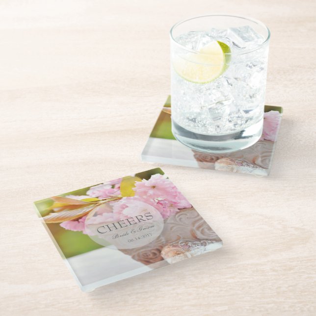 Cheers-Cherryblossoms editable wedding Glass Coaster (Angled)
