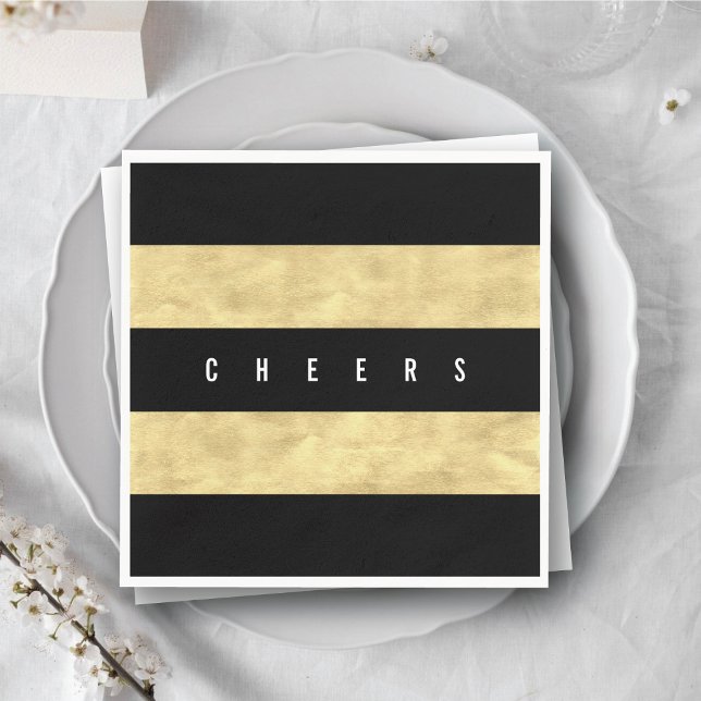 Cheers Chic Gold Foil Black Stripes Holiday Party Napkin (Cheers Chic Gold Foil Black Stripes Holiday Party Paper Napkins @ fat_fa_tin)