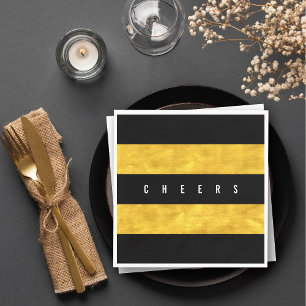 Cheers Chic Gold Foil Black Stripes Holiday Party Napkin