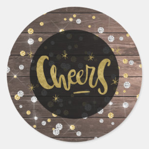 CHEERS Christmas New Years Wood Silver Gold Dots Classic Round Sticker