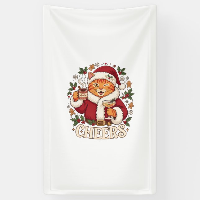 Cheers Christmas Orange Cat Santa Hat Drinks Ginge Banner (Vertical)