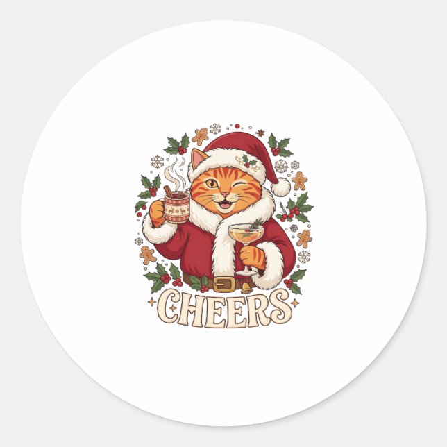 Cheers Christmas Orange Cat Santa Hat Drinks Ginge Classic Round Sticker (Front)