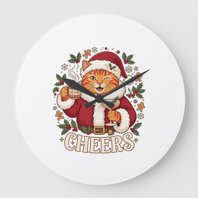 Cheers Christmas Orange Cat Santa Hat Drinks Ginge Large Clock (Front)