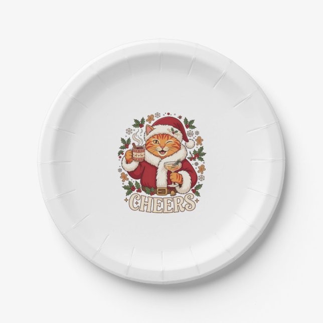 Cheers Christmas Orange Cat Santa Hat Drinks Ginge Paper Plate (Front)