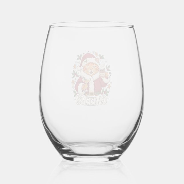 Cheers Christmas Orange Cat Santa Hat Drinks Ginge Stemless Wine Glass (Front)