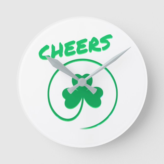 Cheers Clover Shamrock Green an White Elegant Round Clock (Front)