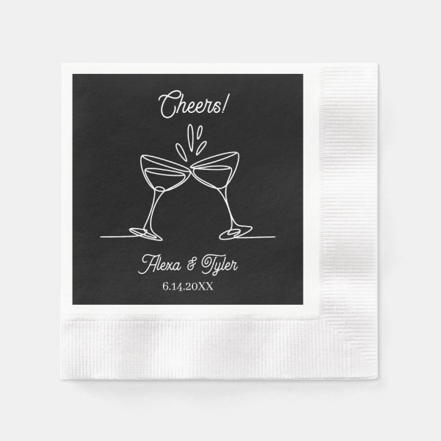 Cheers | Cocktail Line Art Black and White Wedding Napkin (Front)