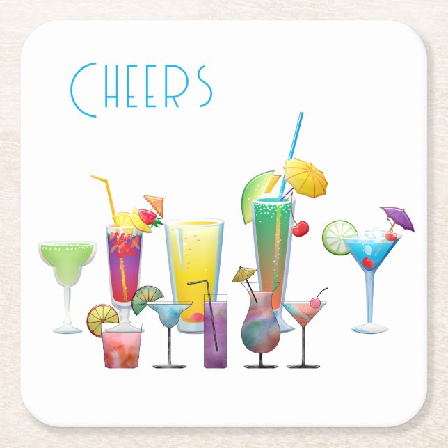 Cheers, Colourful Cocktails Fun  Square Paper Coaster (Front)