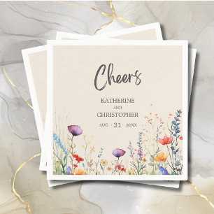 Cheers Colourful Wildflowers Elegant Beige Wedding Napkin