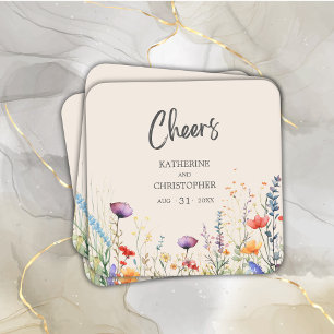 Cheers Colourful Wildflowers Elegant Beige Wedding Square Paper Coaster