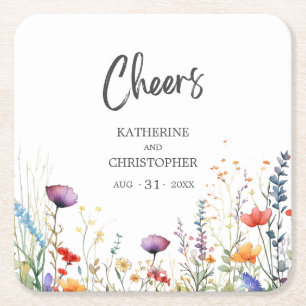 Cheers Colourful Wildflowers Elegant Wedding Square Paper Coaster