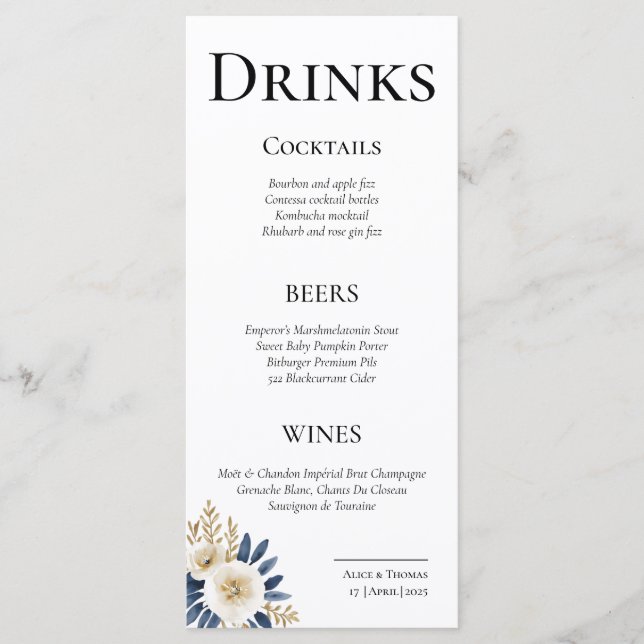 Cheers Couple Floral Blue Gold Menu Cards (Front)