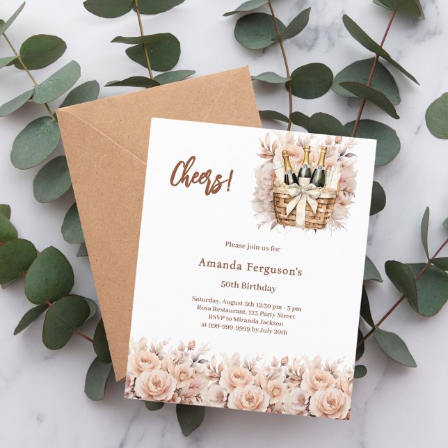 Cheers cream roses florals birthday invitation (Creator Uploaded)