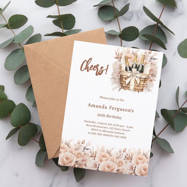 Cheers cream roses florals birthday invitation (Creator Uploaded)