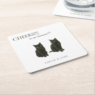 Cheers Custom 2 Cats Black Text Wedding Square Paper Coaster