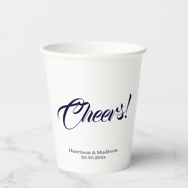 Cheers custom dark navy calligraphy script Wedding Paper Cups (Front)