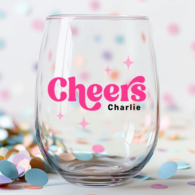 Cheers custom name pink retro stars stemless wine glass (Cheers custom name pink retro stars stemless wine glass)