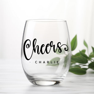Cheers cute script custom name stemless wine glass