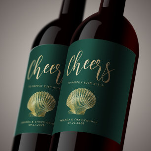 Cheers Dark Green Gold Coastal Beach Wedding Wine Label