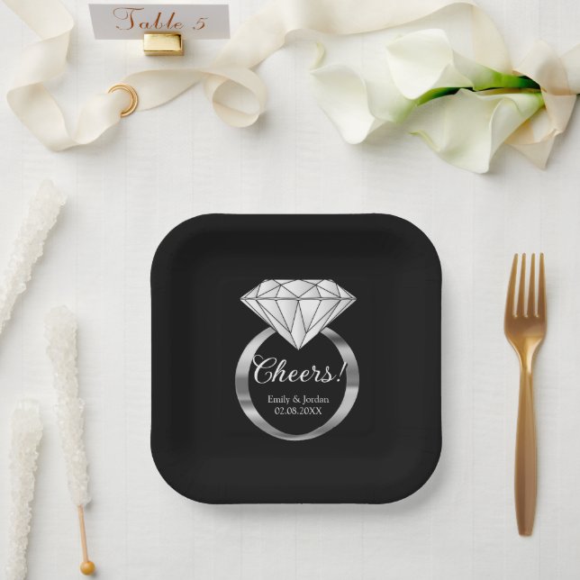 Cheers Diamond Wedding Ring Custom Text Black Paper Plate (Wedding)