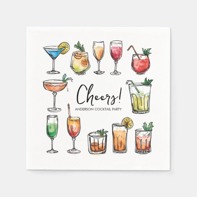 Cheers Doodle Drawing Holiday Cocktail Party Napkin (Front)