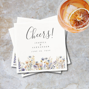 Cheers Dusty Blue Wildflowers Elegant Wedding Napkin