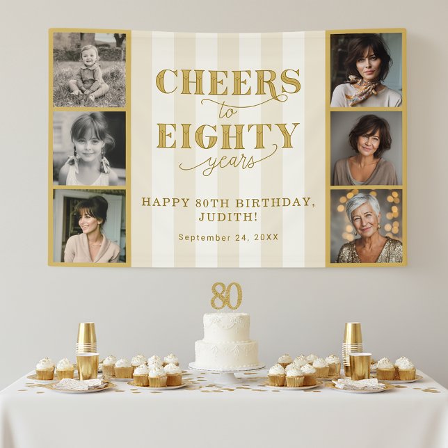 Cheers Eighty Years Photo Collage 80th Birthday Banner (Shown on a 4' x 6' banner)