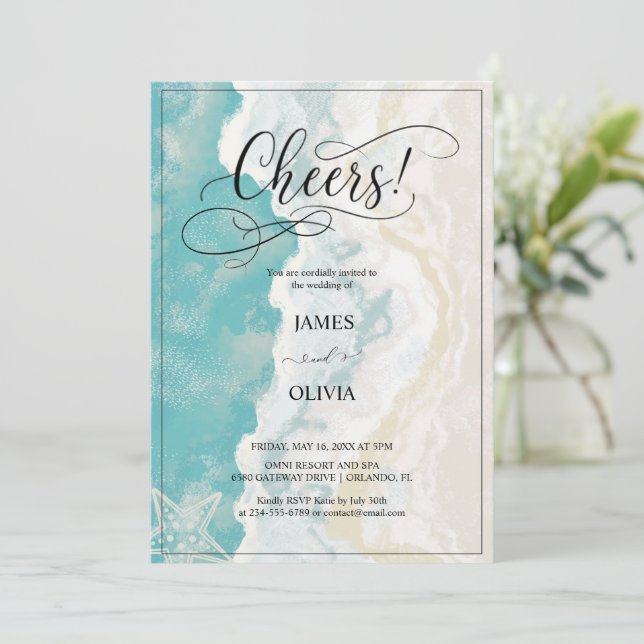 Cheers! Elegant Beach Wedding Invitation (Standing Front)