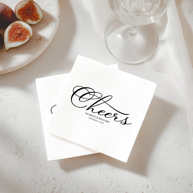 Cheers - Elegant Black and White Script  Wedding Napkin (Creator Uploaded)
