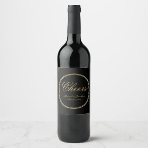 Cheers Elegant Black Gold Calligraphy Wedding Wine Label