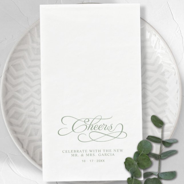 Cheers Elegant Bride & Groom Calligraphy Green Napkin (Cheers Elegant Bride & Groom Calligraphy Green Paper Guest Towels)