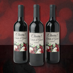Cheers!   Elegant Dark Red Floral Goth Wedding Wine Label