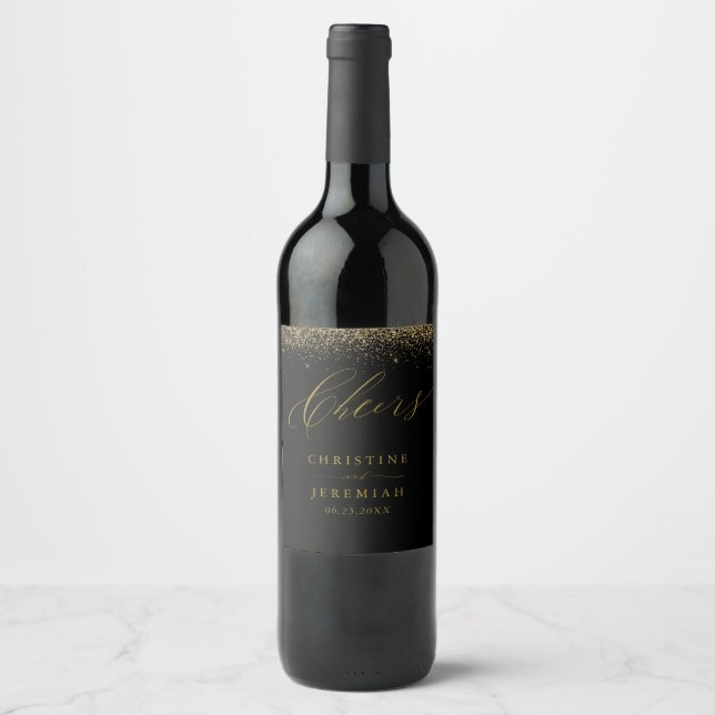 Cheers Elegant Gold Script Black Wedding Wine Labe Label (Front)