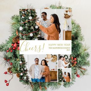 Cheers Elegant Modern Happy New Year Photo Collage Holiday Card