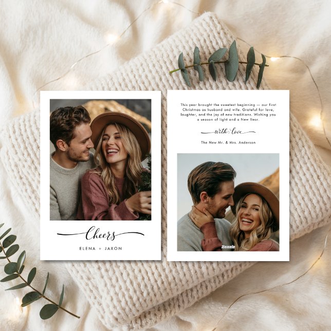 Cheers Elegant Newlywed First Christmas Photo Holiday Card (Creator Uploaded)