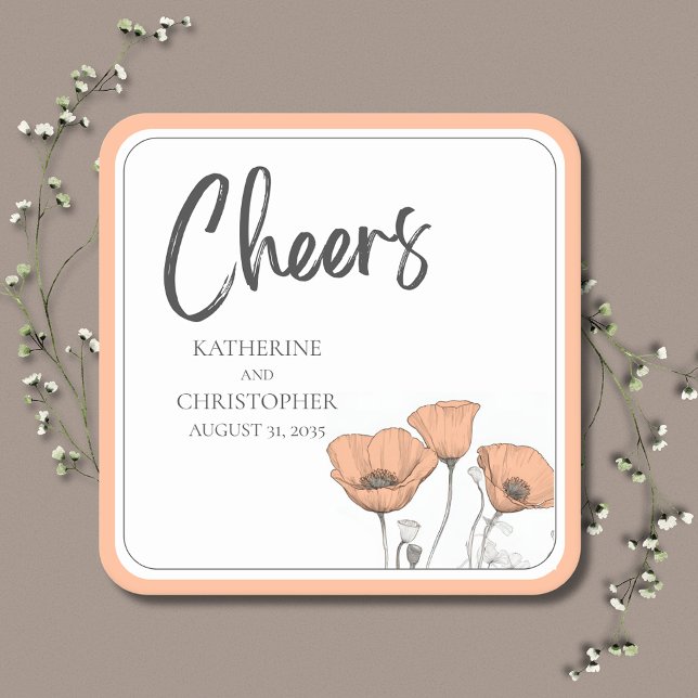 Cheers Elegant Peach Floral Poppies Wedding Square Paper Coaster (Cheers Peach Poppies Paper Wedding Coaster is Modern & Elegant to coordinate with your wedding decor)