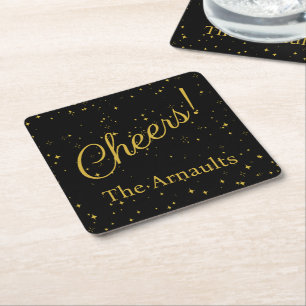 Cheers! Elegant Personalised Black Square Paper Coaster
