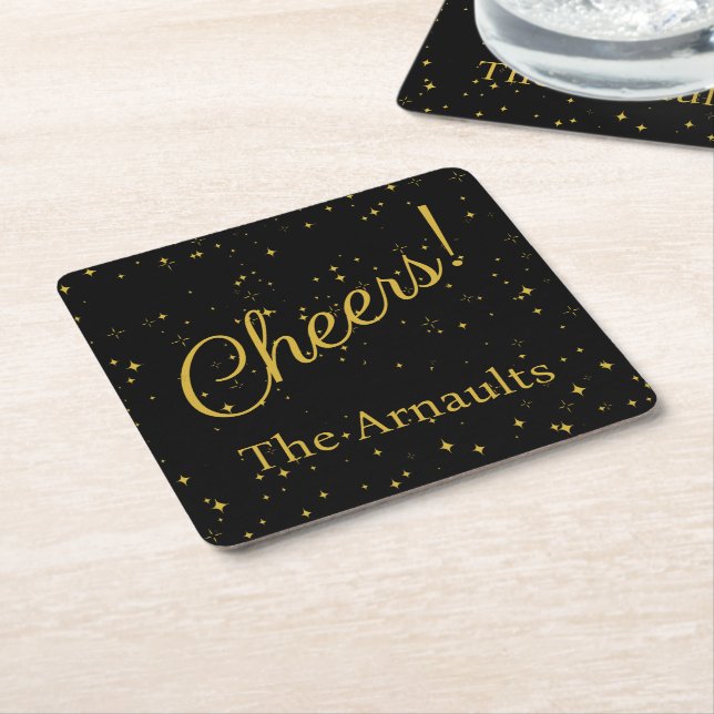Cheers! Elegant Personalised Black Square Paper Coaster (Angled)
