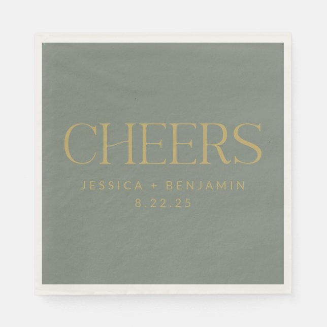 Cheers Elegant Sage with Gold Typography Wedding Napkin (Front)