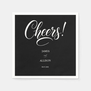 "Cheers!" Elegant Script Black Wedding Napkins
