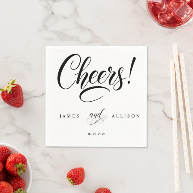 "Cheers!" Elegant Script Custom Wedding Party Napkin (Insitu)