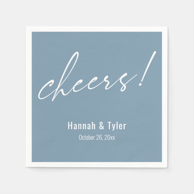 Cheers! Elegant Wedding Typography Dusty Blue Napkin (Front)