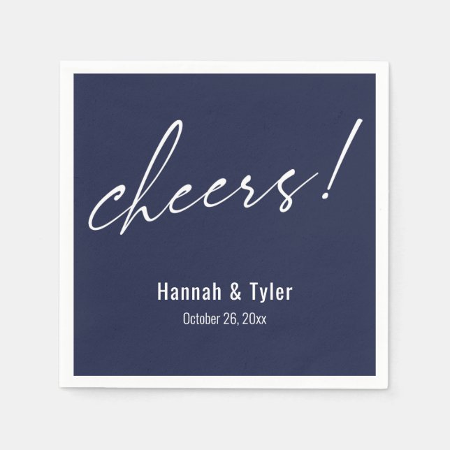 Cheers! Elegant Wedding Typography Navy Blue Napkin (Front)