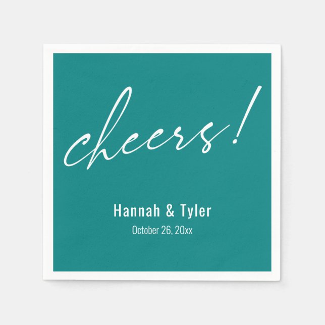 Cheers! Elegant Wedding Typography Teal Napkin (Front)