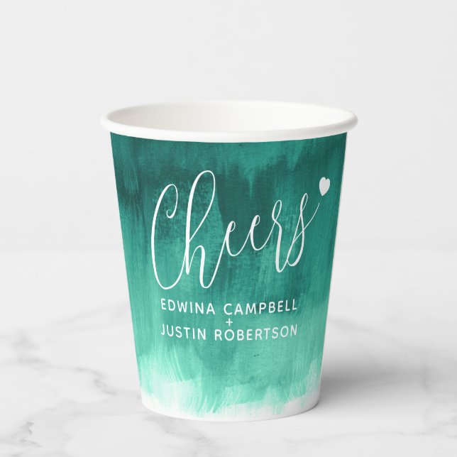 Cheers Emerald green abstract art wedding Paper Cups (Back)