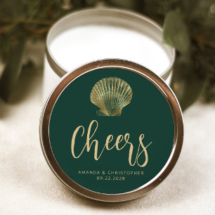 Cheers Emerald Green Gold Coastal Beach Wedding Classic Round Sticker