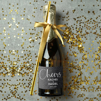 Cheers Faux BLACK GLITTER Wedding Mini Sparkling Wine Label